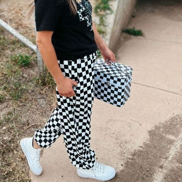 Round The Track Joggers Casual Black And White Checkered Pants Size L New - Picture 5 of 7